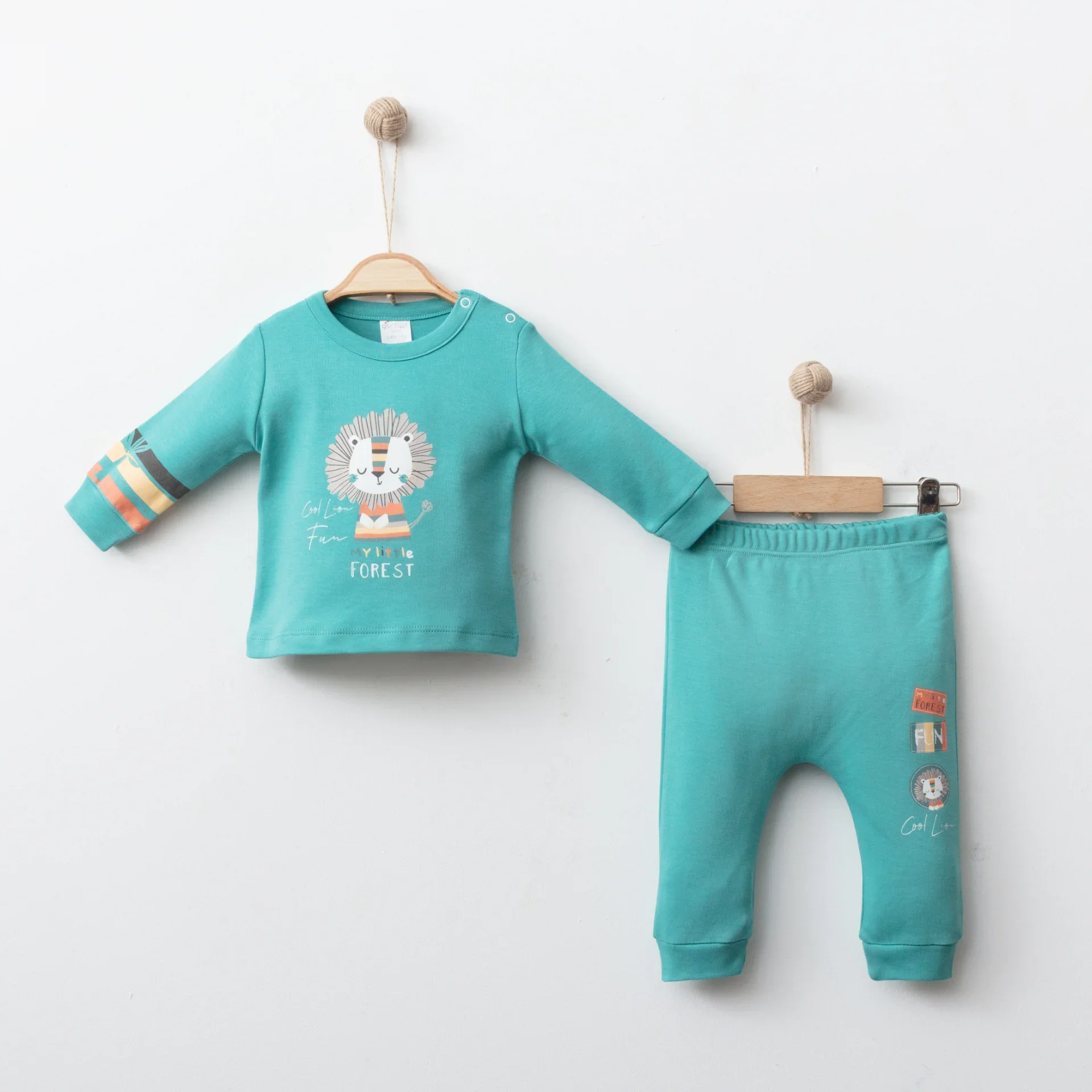 Erkek Bebek 2 li Takım Pamuklu Kumaş, Natural Baskılı, Manşetli Pantolon Alt Ve Üst Set