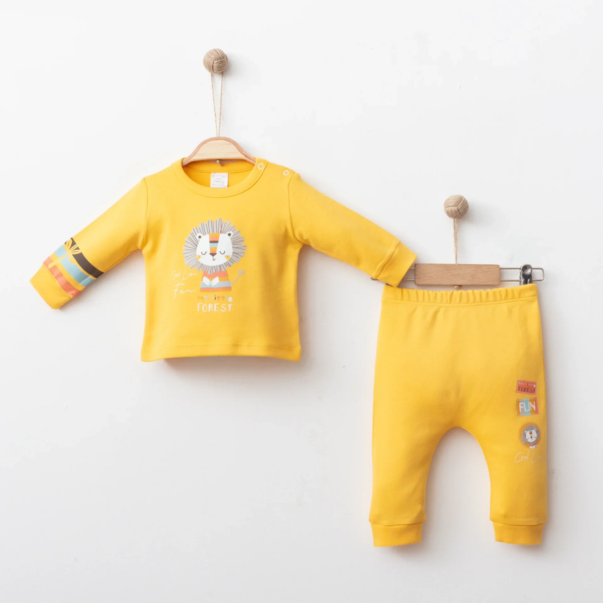 Erkek Bebek 2 li Takım Pamuklu Kumaş, Natural Baskılı, Manşetli Pantolon Alt Ve Üst Set