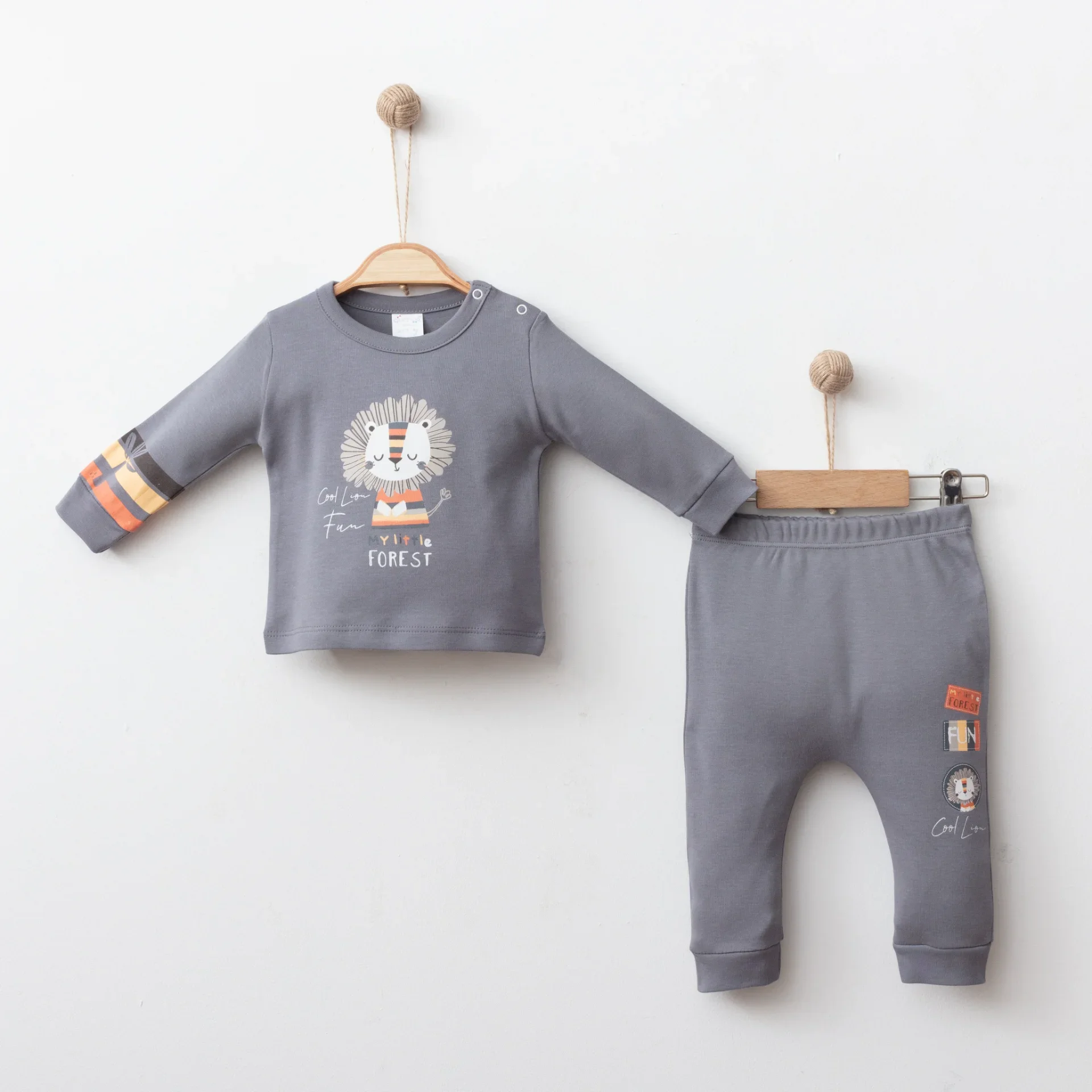 Erkek Bebek 2 li Takım Pamuklu Kumaş, Natural Baskılı, Manşetli Pantolon Alt Ve Üst Set
