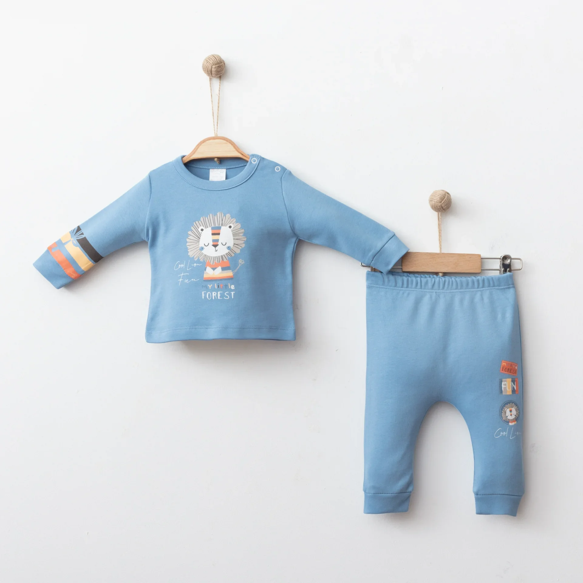 Erkek Bebek 2 li Takım Pamuklu Kumaş, Natural Baskılı, Manşetli Pantolon Alt Ve Üst Set
