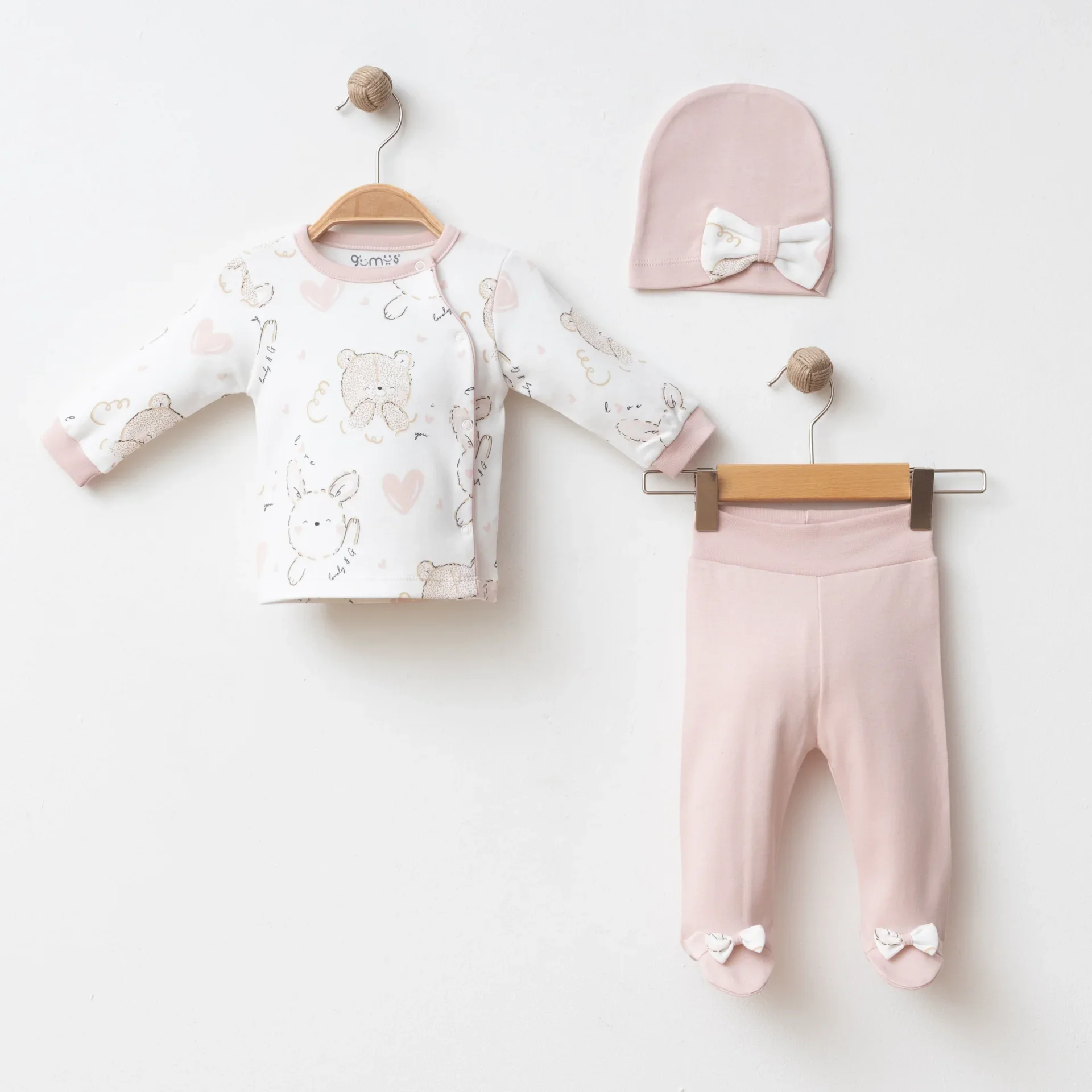 KIZ BEBEK 3 LÜ SET KURDELELİ TAVŞAN BASKILI