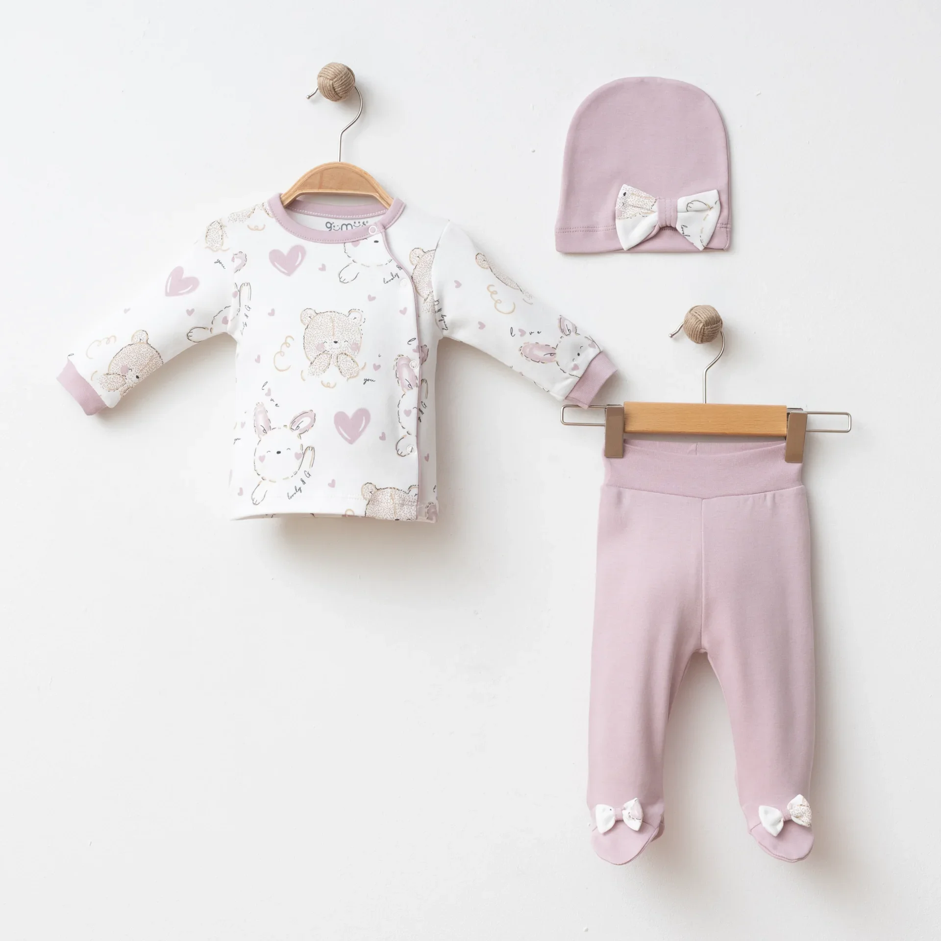 KIZ BEBEK 3 LÜ SET KURDELELİ TAVŞAN BASKILI