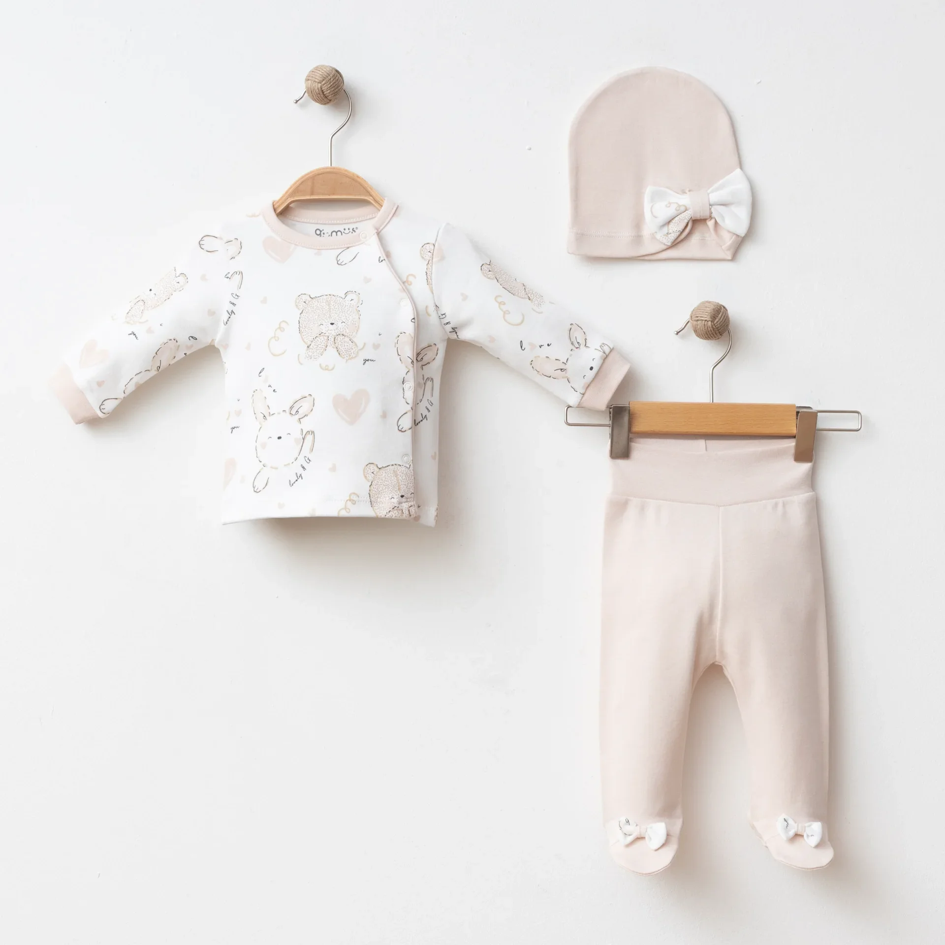 KIZ BEBEK 3 LÜ SET KURDELELİ TAVŞAN BASKILI